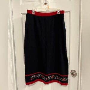 Alfred Dunner Navy Midi Skirt with Red Floral Trim